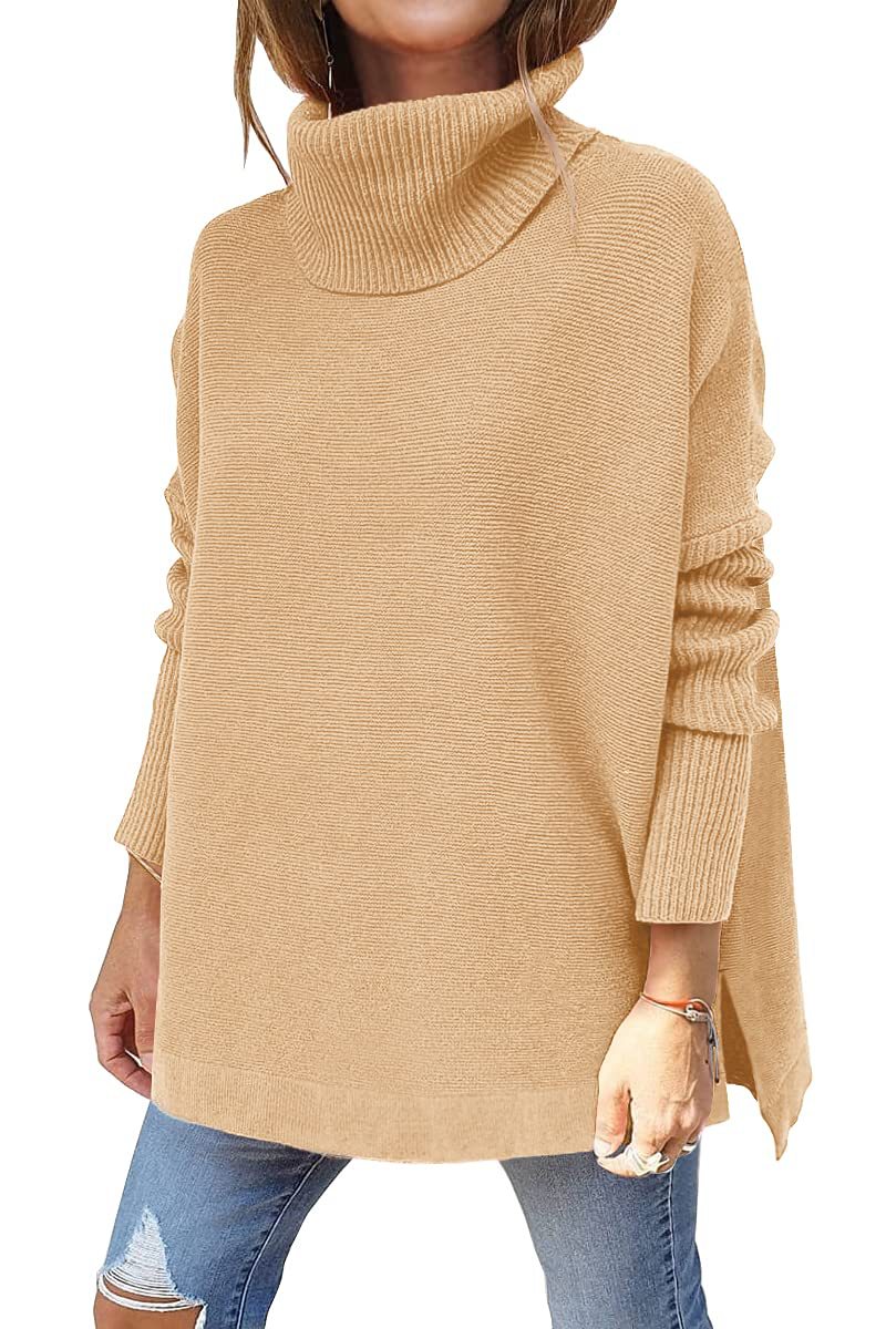 Turtleneck Sweater Mid Length Batwing Sleeve Slit Hem Tunic Pullover