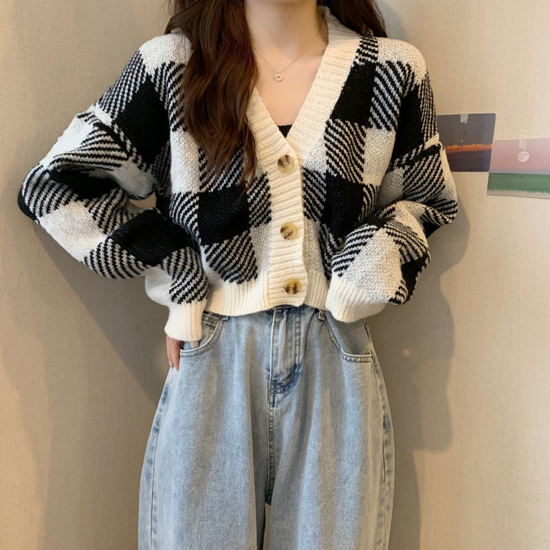 Plaid Low Collar Single-breasted Knitwear Cardigan