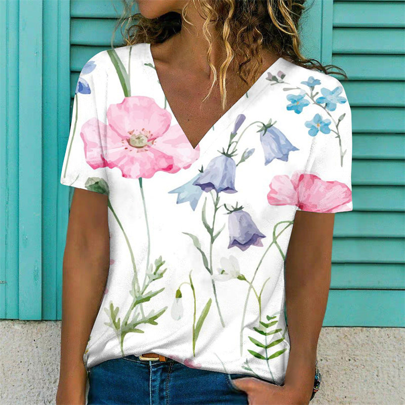 Casual Floral Print Short Sleeve V-Neck Pullover