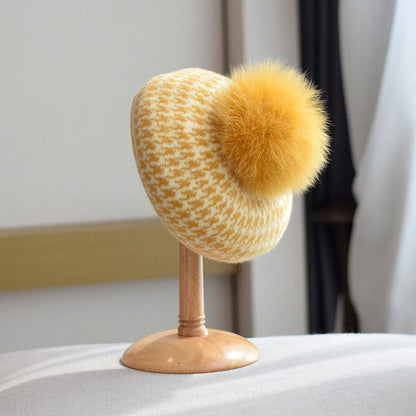 Women's Autumn And Winter Fox Fur Ball Knitted Octagonal beanie