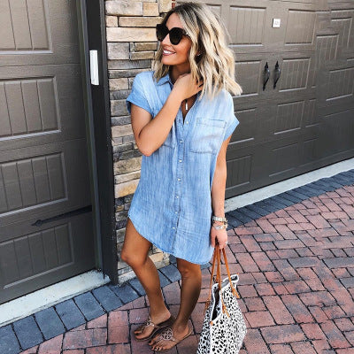 Button Up Short-sleeved Denim Shirt Dress