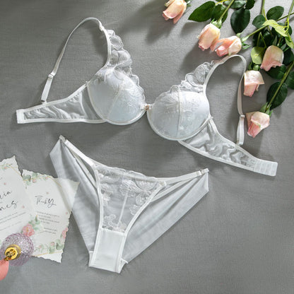 White Floral Embroidery Padded Bra Set