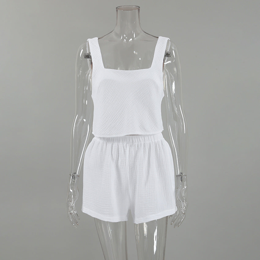 White Cotton U collar Vest and Shorts Pajama Lounge Set