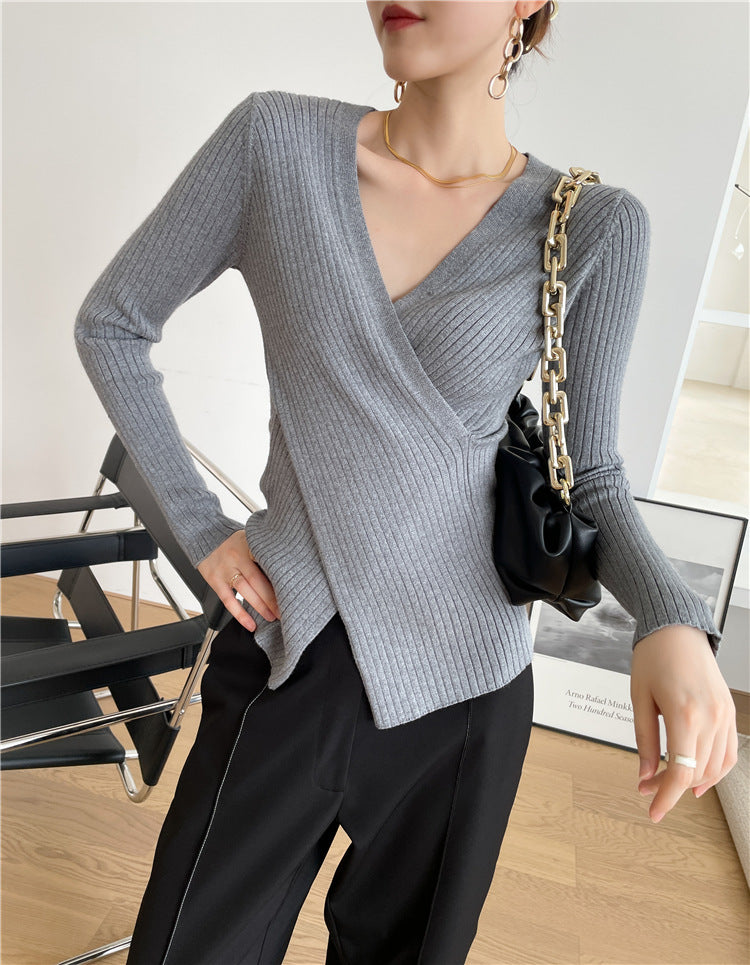 V-neck Cross Design Irregular Slim-fit Knitwear