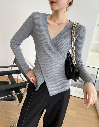 V-neck Cross Design Irregular Slim-fit Knitwear