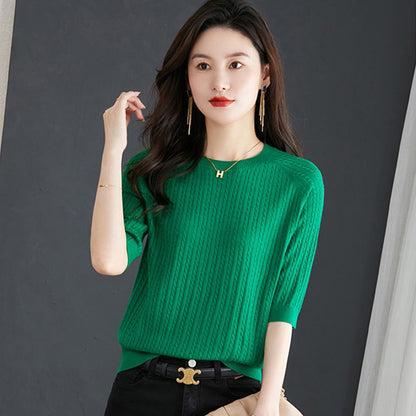 Thin Loose Twist Embroidery Half Sleeve Top