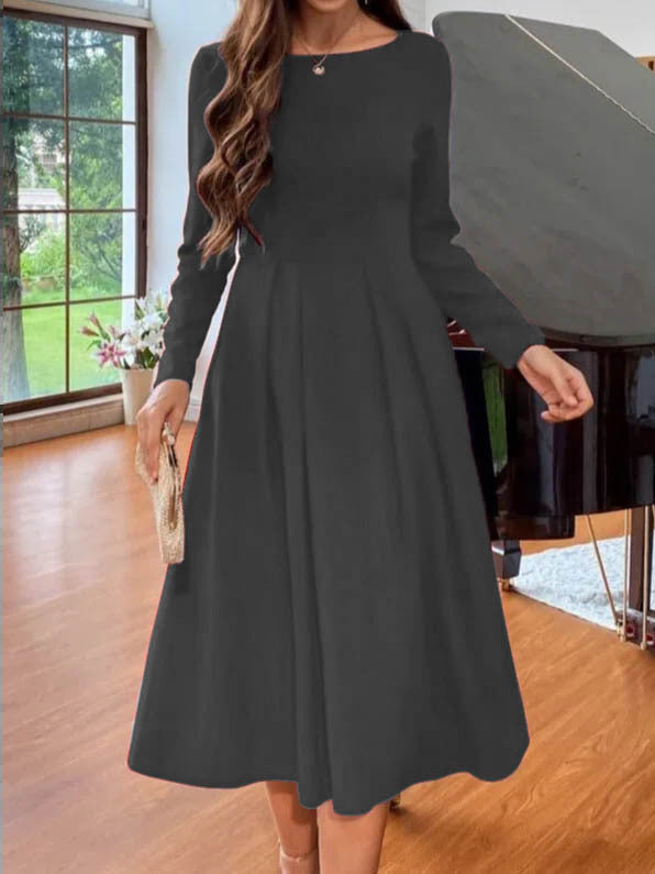 Casual Round-neck Long-sleeved Pleated Dress