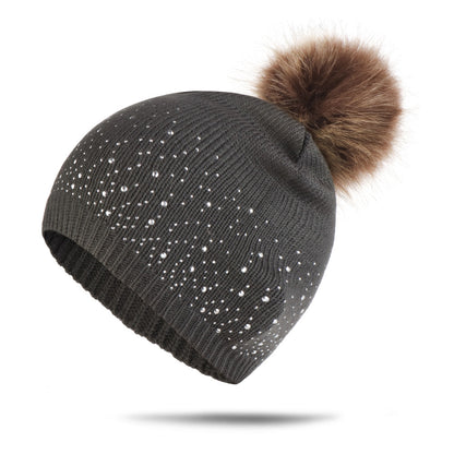 Women's Multicolor Dot Diamond Phone Case Headband Fur Ball Autumn And Winter Knitted Beanie wiht Pompom