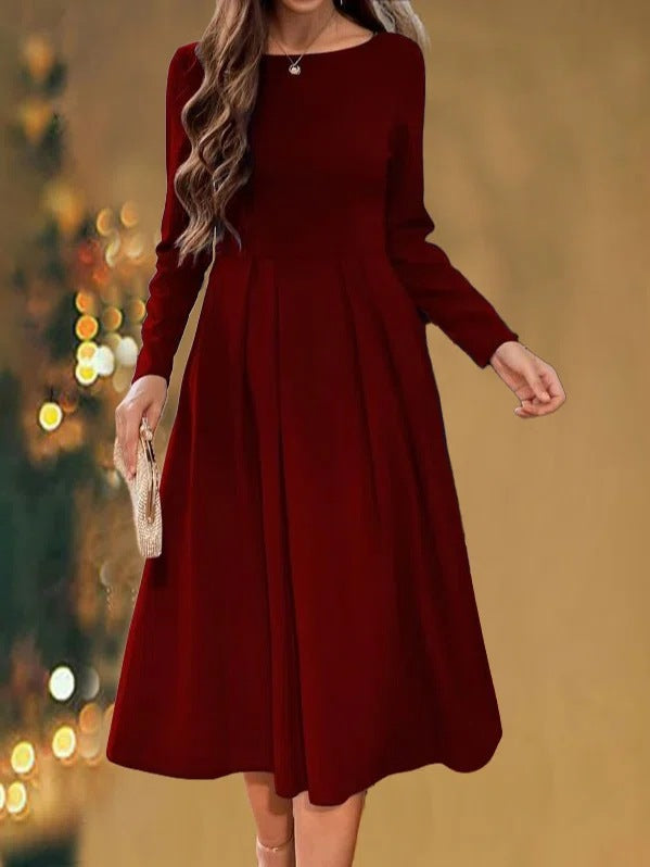 Casual Round-neck Long-sleeved Pleated Dress