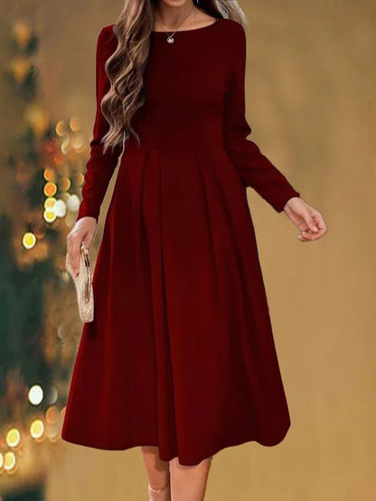 Casual Round-neck Long-sleeved Pleated Dress