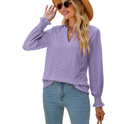 Solid Color Hollow-out Pleated Ruffle Shirts Sleeve V-neck Loose Long Sleeve Tops Women