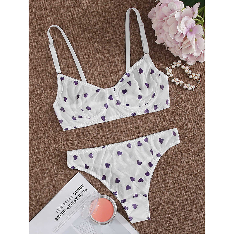 Love Heart Print Mesh Lace G String Set