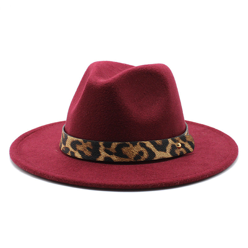 Leopard Print Detail Woolen Flat Brim Fedora