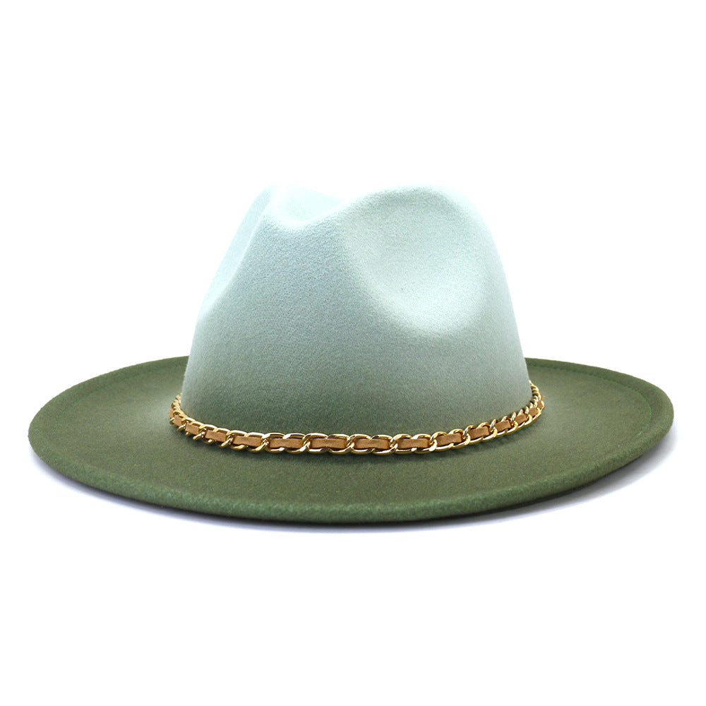 Gold Link Chain Detail Flat Brim Woolen Jazz Hat