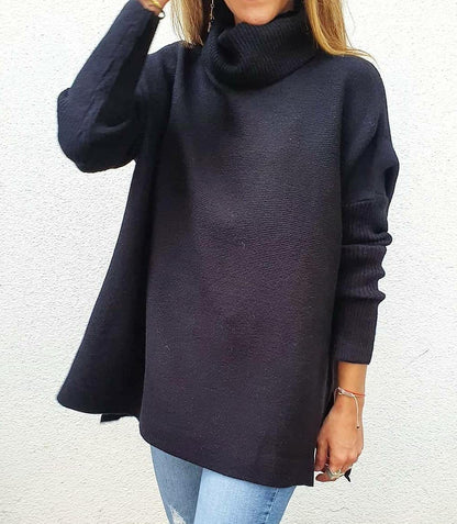 Turtleneck Sweater Mid Length Batwing Sleeve Slit Hem Tunic Pullover