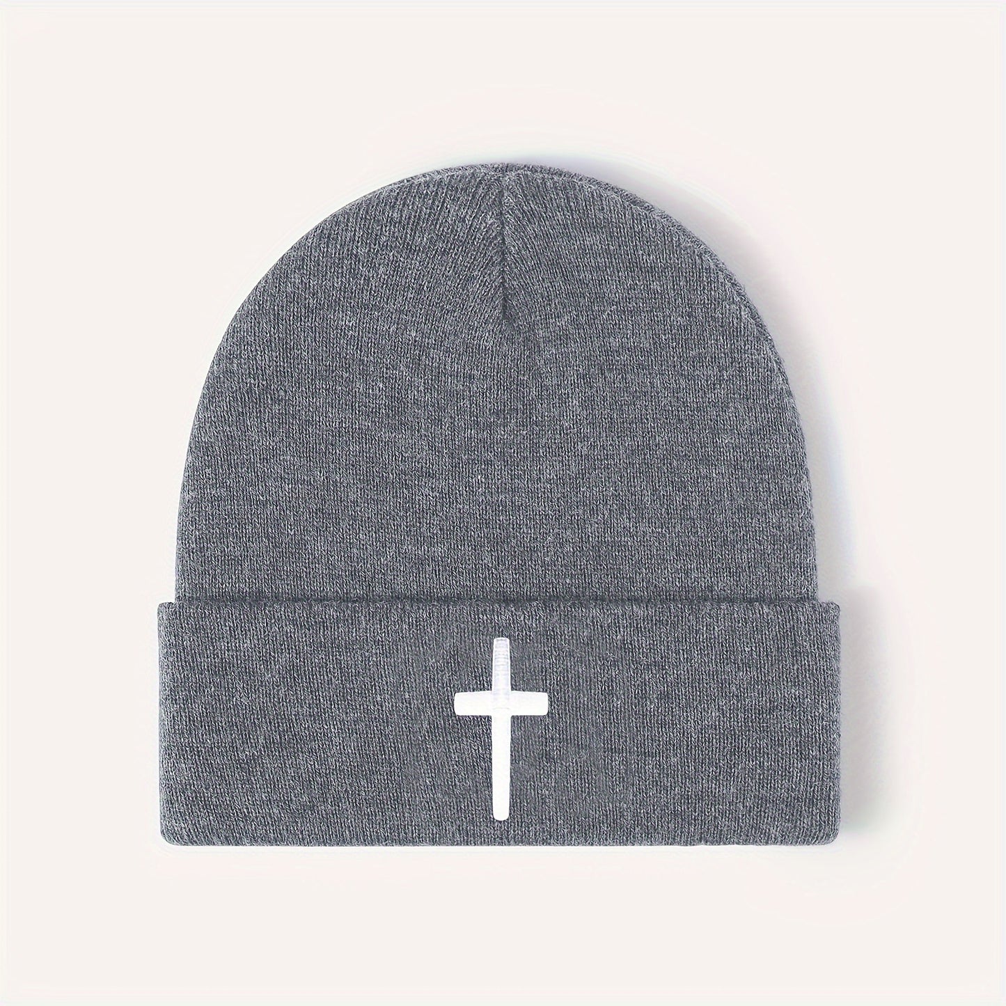 Embroidered Cross Acrylic Knitted Beanie