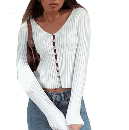 Pearl Button Detail Sleeve Slim Fit Crop Tops Brief Solid Women Knit Shirt