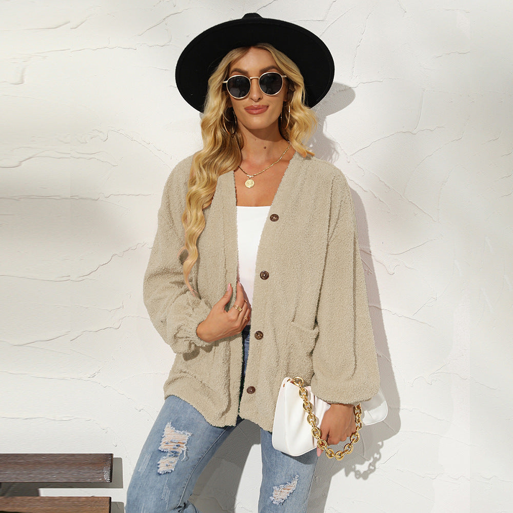 Solid Color Little Teddy Plush Cardigan Casual Jacket