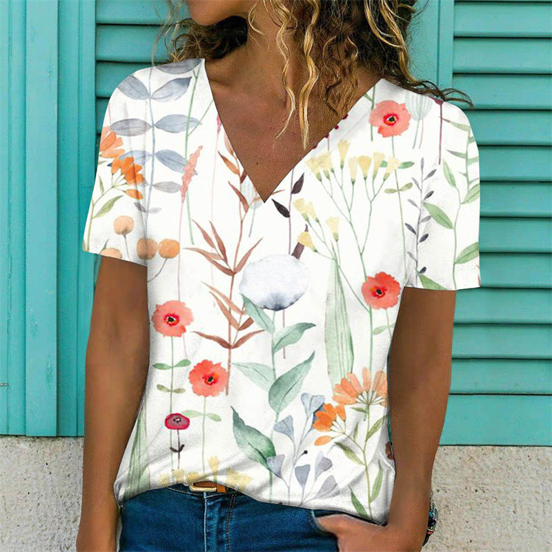 Casual Floral Print Short Sleeve V-Neck Pullover