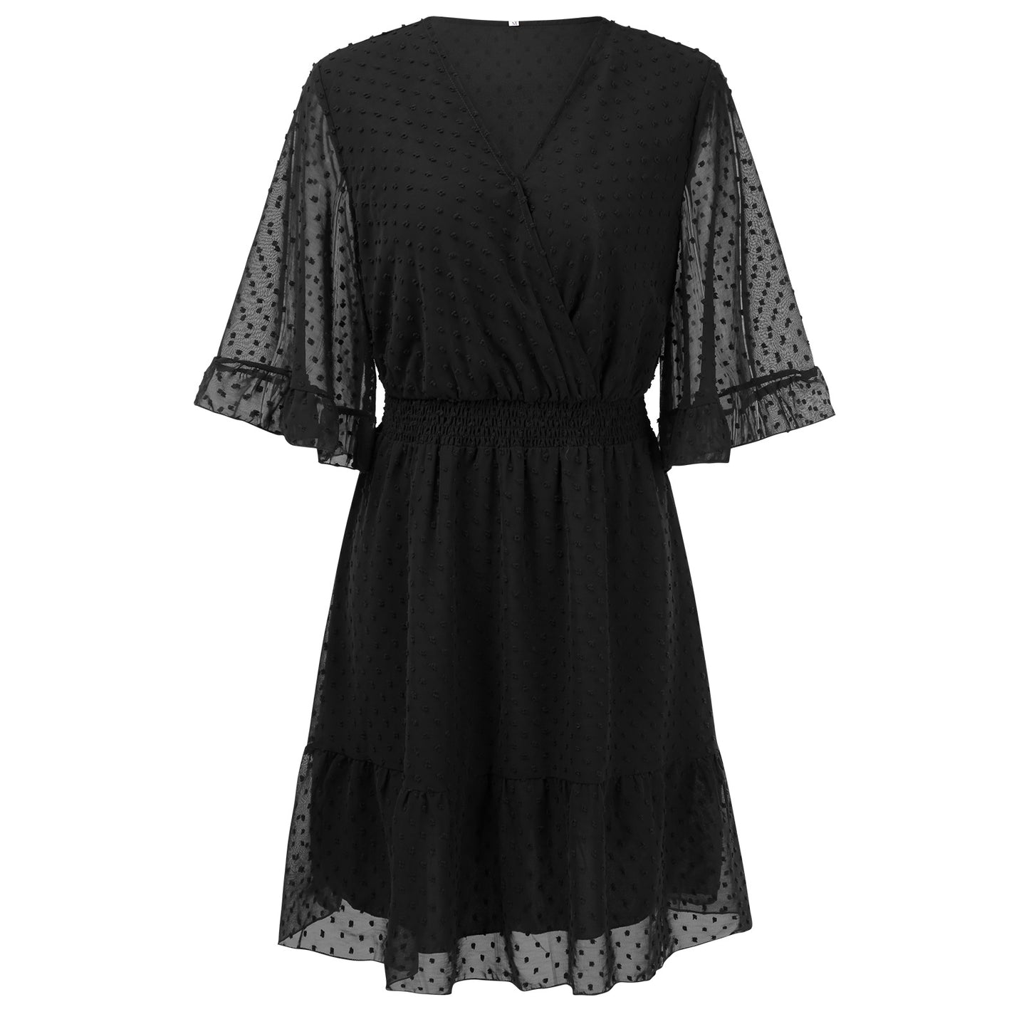 V-neck Solid Color Polka Dot Chiffon Dress