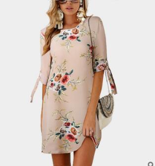 Middle-sleeve Floral-print Lace-up Crew Neck Dress