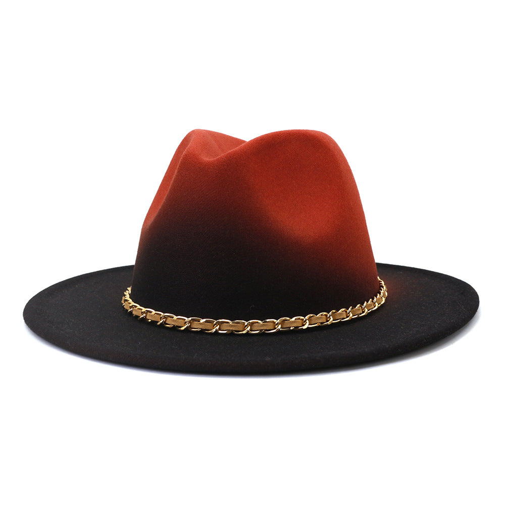 Gold Link Chain Detail Flat Brim Woolen Jazz Hat