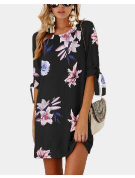 Middle-sleeve Floral-print Lace-up Crew Neck Dress