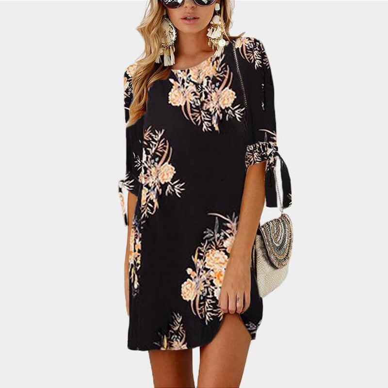 Middle-sleeve Floral-print Lace-up Crew Neck Dress