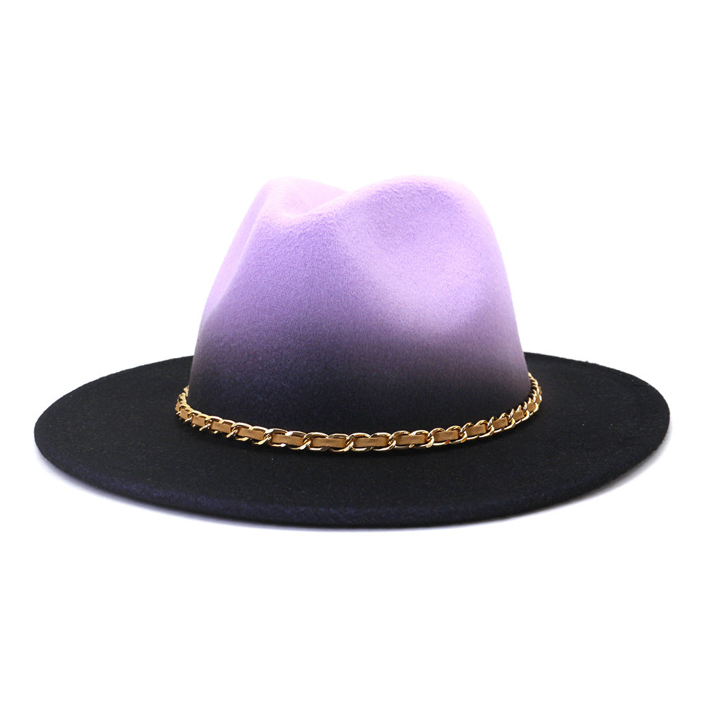 Gold Link Chain Detail Flat Brim Woolen Jazz Hat