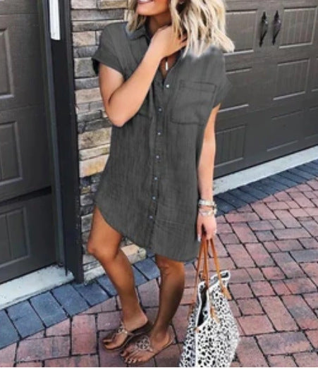 Button Up Short-sleeved Denim Shirt Dress