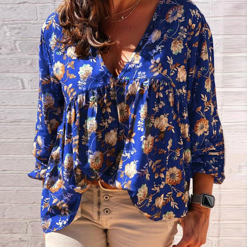 Soft Smooth Casual Floral Print Long-sleeved V Neck Blouse