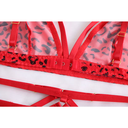 Red Leopard Print Strapping Garter 3 Point Lingerie Set