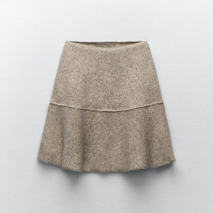 Puff Sleeve High Collar Sand Tone Knitwear Pullover and Mini Skirt