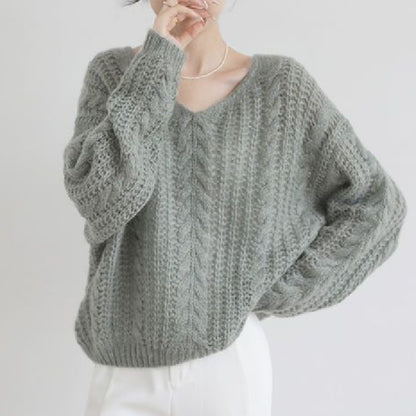 Mohair Cable Knit Long Sleeve V Neck Knitwear Sweater