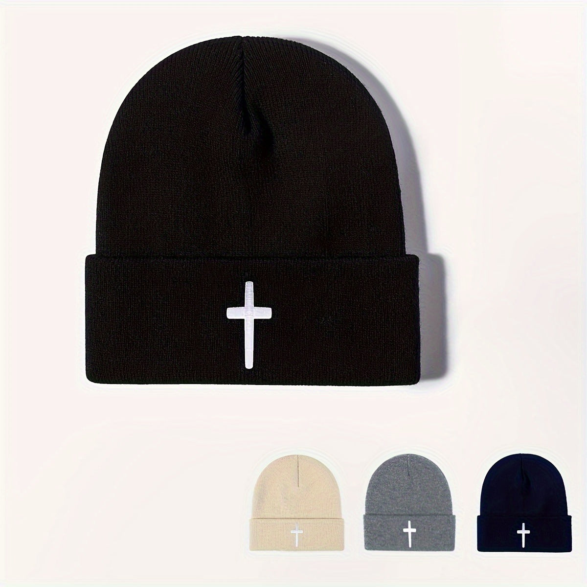 Embroidered Cross Acrylic Knitted Beanie