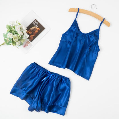 Faux Silk V-neck Lace Pajama Flare Tie Shorts Set