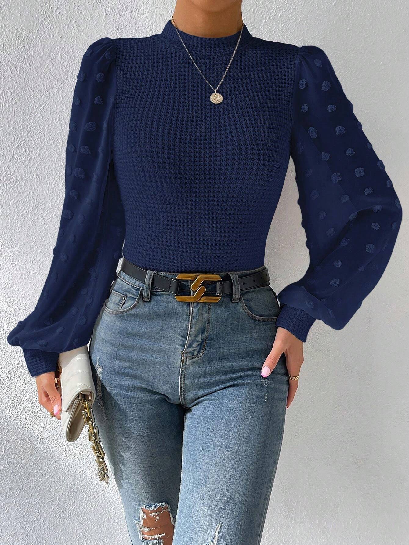 Round Neck Stitching Loose Long Sleeve Knitwear Top