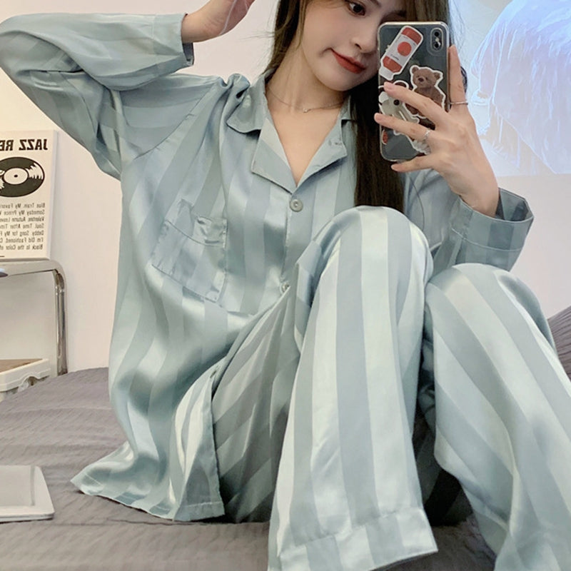 Ice Silk Long Sleeve Striped Button Up Pajama Set